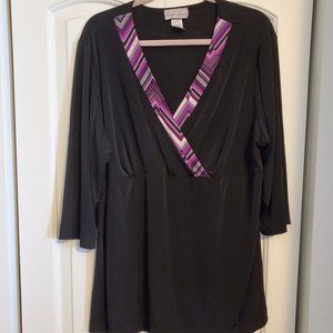 Carolyn Strauss Collection Women Black Top, Black with purple trim 2X